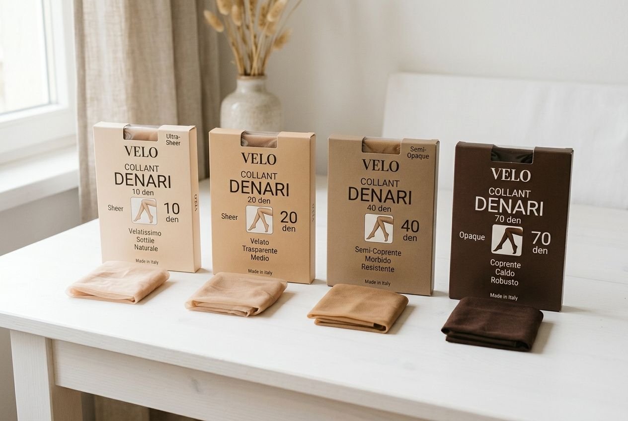 Calze Velo Denari in varie tonalità e denari (10, 20, 40, 70 den), esposte su una tavola con pacchi e campioni di tessuto color beige e marrone. a significa 40 den sui collant