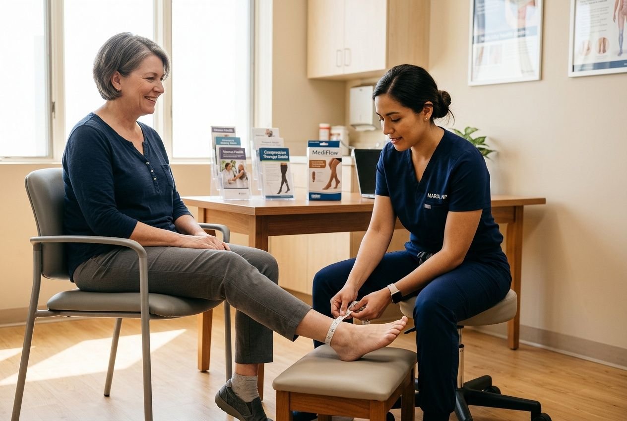 Donna anziana in seduta e professionista sanitaria mentre misura la caviglia con calza a compressione graduata, in studio medico. differenza tra classe 1 e 2 calze a compressione.
