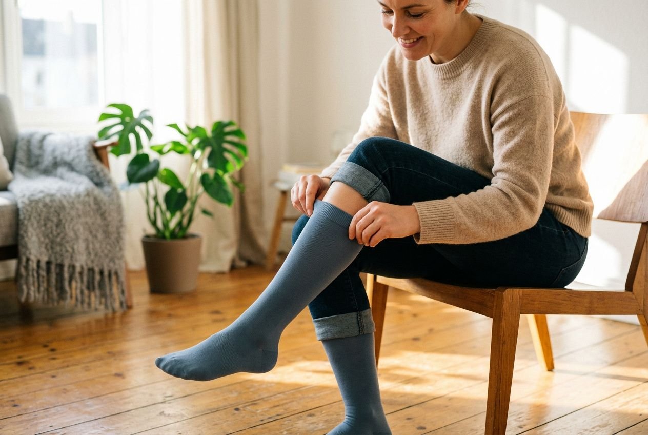 Donna che indossa calze a compressione graduata grigie mentre si sistema una calza, seduta in soggiorno.