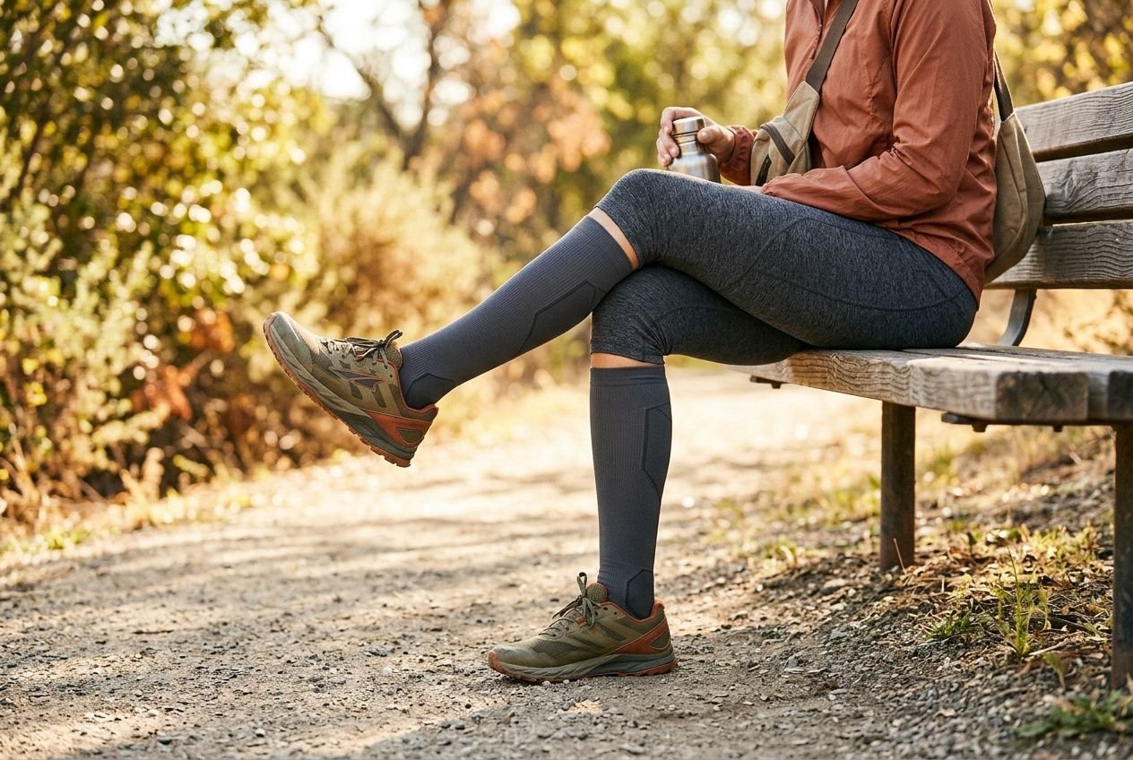 Donna seduta su panca da parco, indossa calze compressive lunghe e scarpe da trekking, godendosi una passeggiata autunnale. benefici calze compressive.