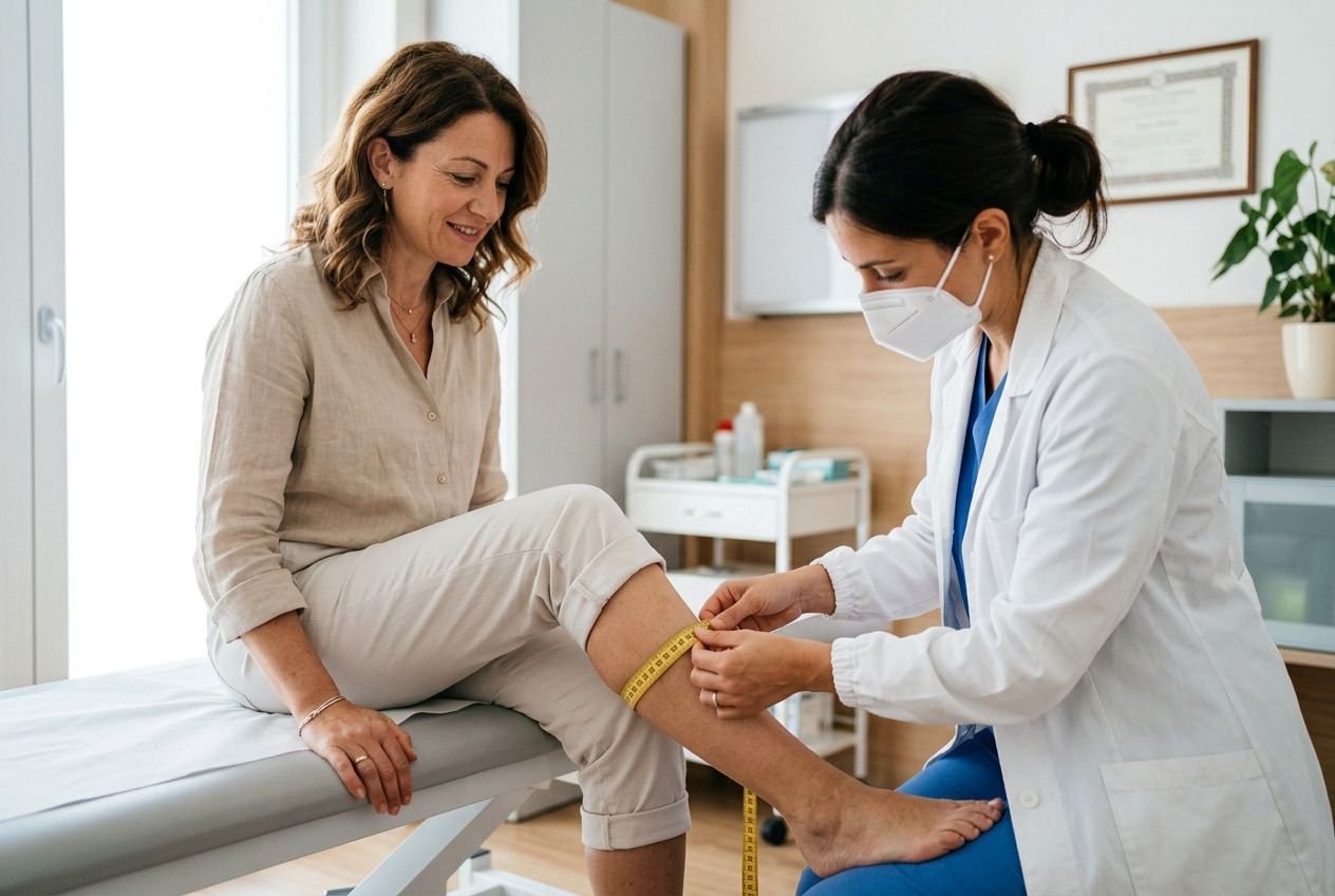 Medico con mascherina misura la gamba di una paziente con un nastro misuratore, in ambiente clinico. come scegliere il grado di compressione delle calze.